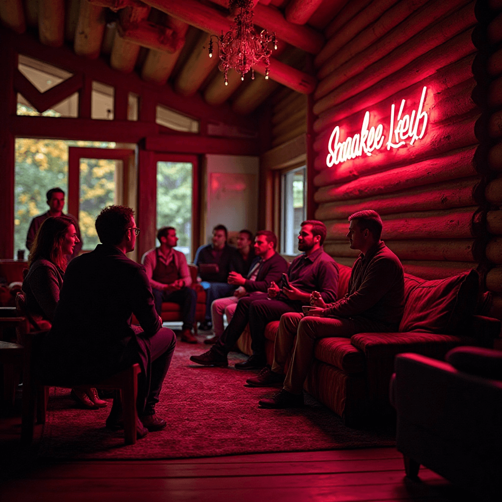 Group of adults enjoying a cozy indoor party gathering with warm lighting, organized by Yur Party Services.