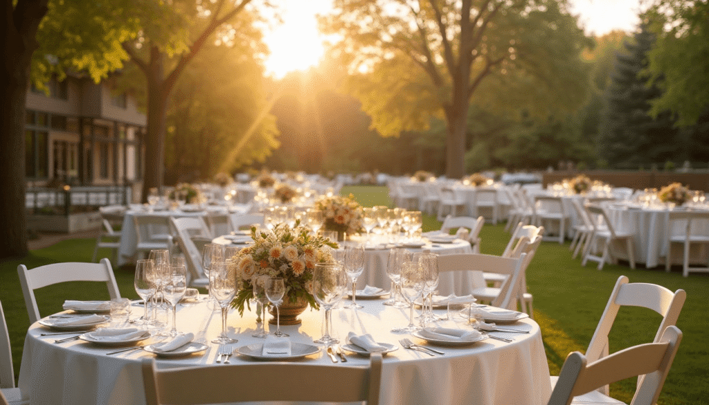 Outdoor wedding reception setup with white round tables, floral centerpieces, and elegant tableware under a golden sunset—planned by Yur Party Services.