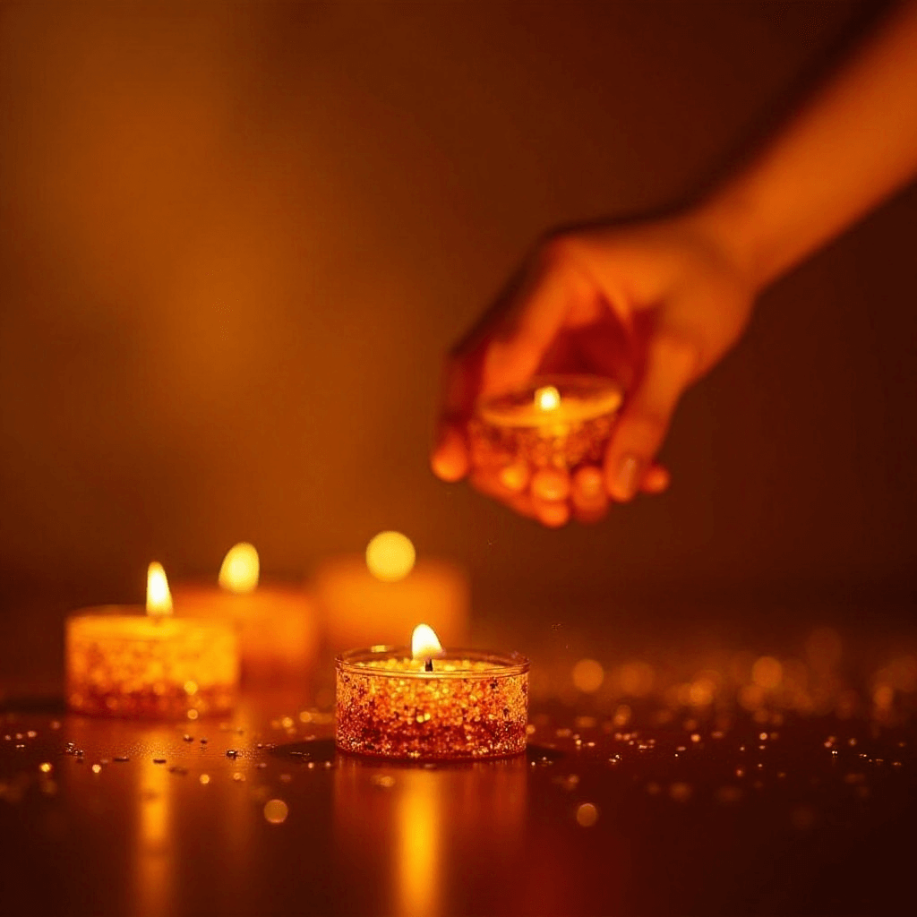 Hand placing a lit candle on a sparkling table during a Yur Party Services event."