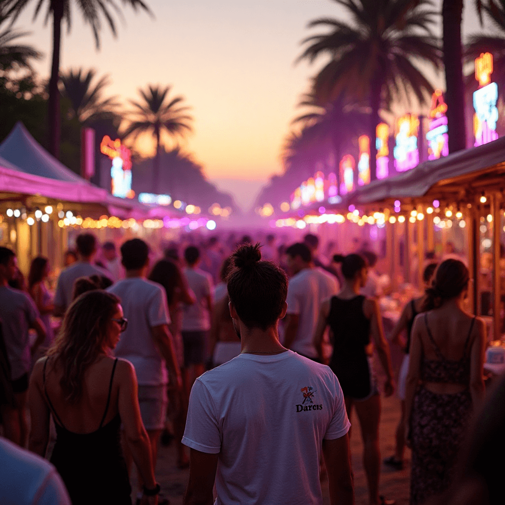 Adults enjoying a lively outdoor evening party organized by Yur Party Services with palm trees and vibrant lighting."
