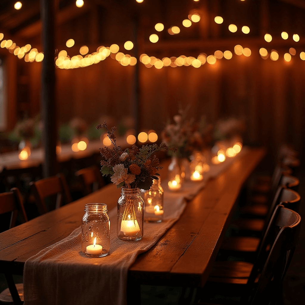 "Rustic barn wedding setup in autumn with wooden tables, burlap runners, mason jars, and string lights, creating a cozy and warm atmosphere for the celebration."