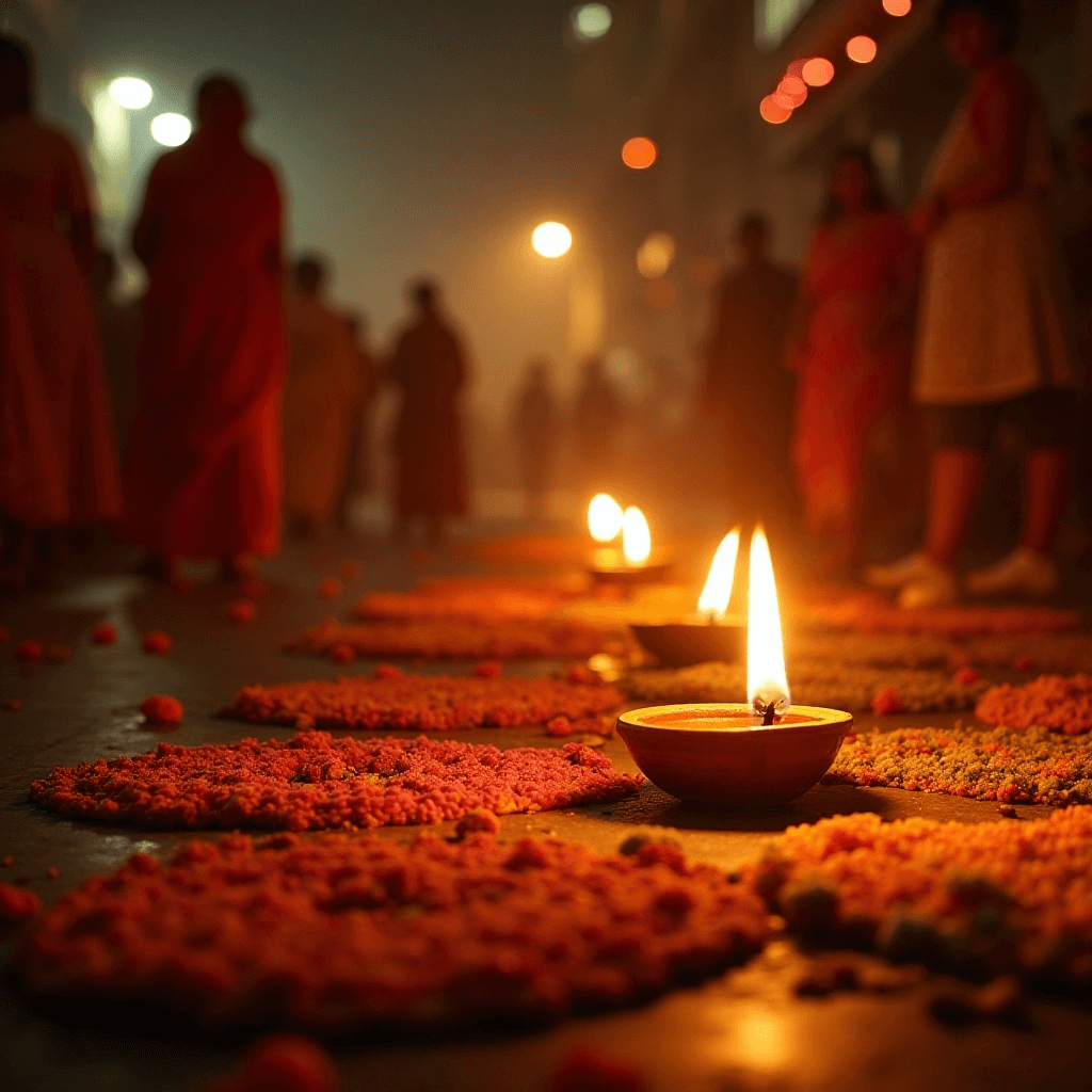 "Diwali celebration at dusk in Mumbai, India, featuring oil lamps illuminating colorful rangoli patterns, traditional sweets, and people in traditional attire enjoying the festival."