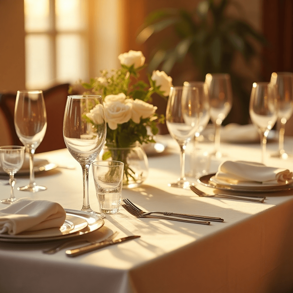 "Formal dinner table elegantly set with crisp white linen tablecloth, silver cutlery, crystal glassware, and a white rose centerpiece, illuminated by soft natural light from a nearby window."