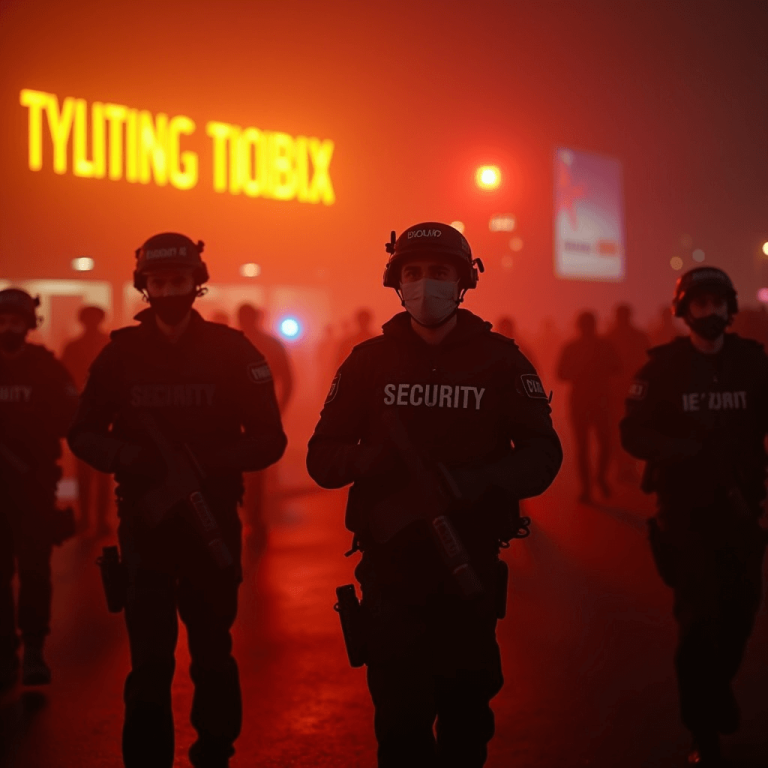 A security team, including a Middle Eastern male in tactical gear, responding to an incident at a large corporate event during a foggy morning.