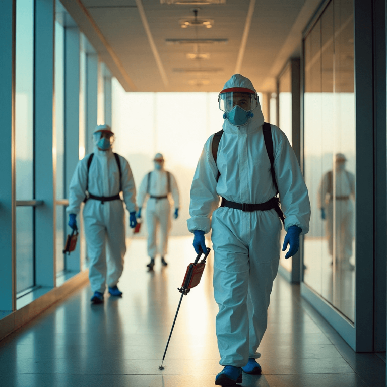 "Sanitation workers wearing Tyvek suits, gloves, and face shields spraying disinfectant in a modern office building on a sunny summer afternoon."