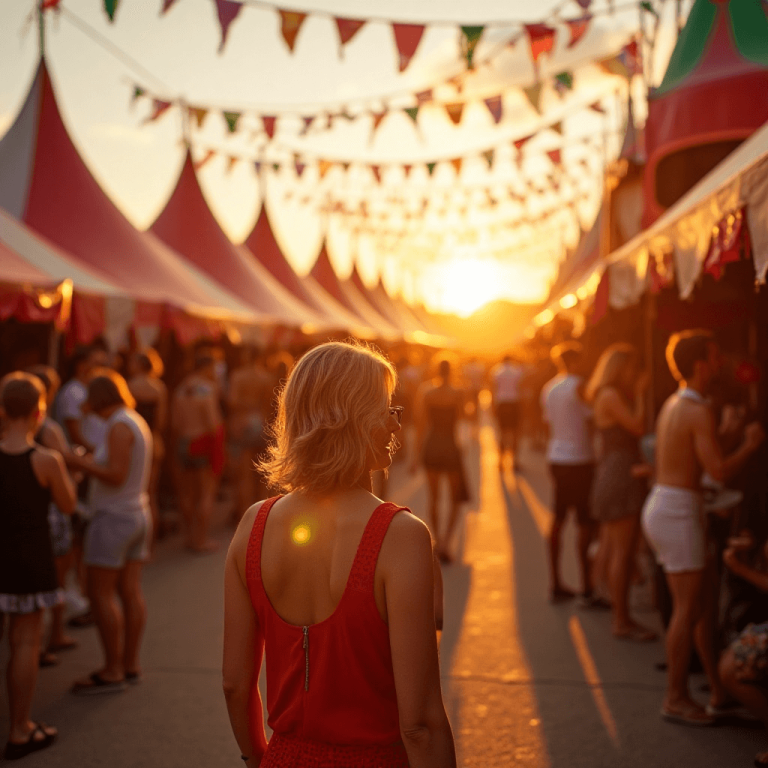 "Daytime carnival celebration with colorful tents, lively music, and festive decorations, creating an energetic and fun atmosphere for a themed party or event."