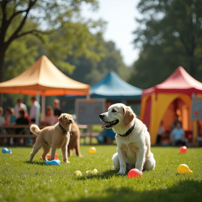 "Sunny outdoor dog adoption event in a park with colorful tents, playful dog toys on the grass, and informational banners about pet care, creating a fun, pet-friendly atmosphere."