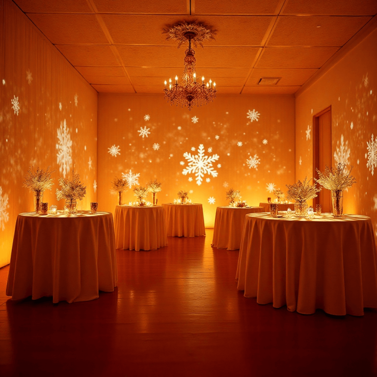 "Grand ballroom decorated for a winter holiday party, featuring snowflakes projected on the walls, elegant tables with golden ornaments, and soft ambient lighting, creating a festive, elegant atmosphere."
