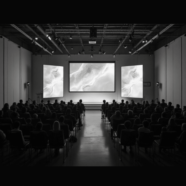 "Event live streaming setup featuring multiple cameras, mixing consoles, and large screens broadcasting a live event to online audiences."