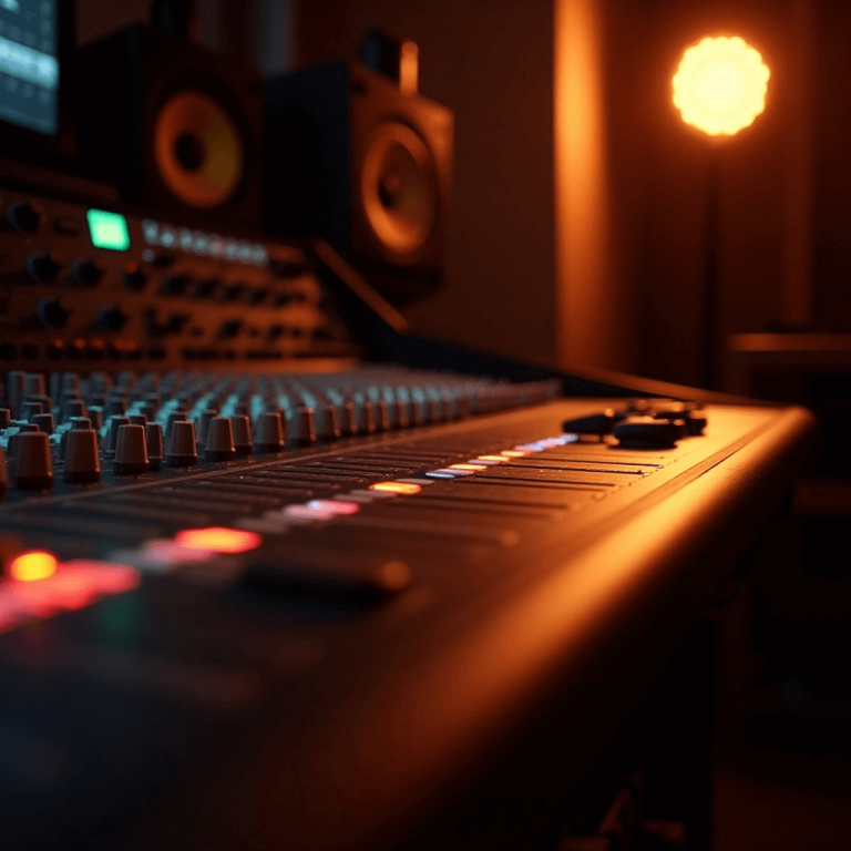 "Sound engineers setting up professional audio equipment including speakers, mixers, and microphones at a live event."