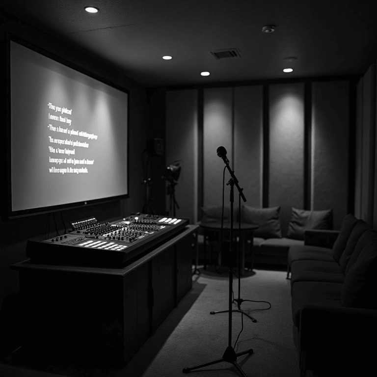 "Karaoke setup with microphone, speakers, and screen displaying song lyrics, ready for guests to enjoy singing at a lively event."