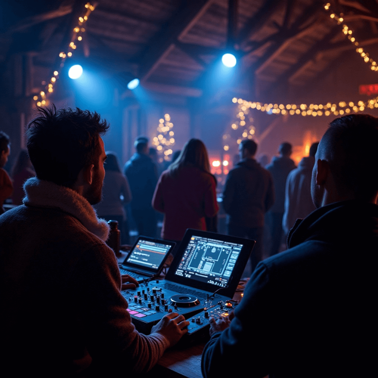 "Experienced DJ performing at a lively event with professional sound and lighting equipment, engaging the crowd."