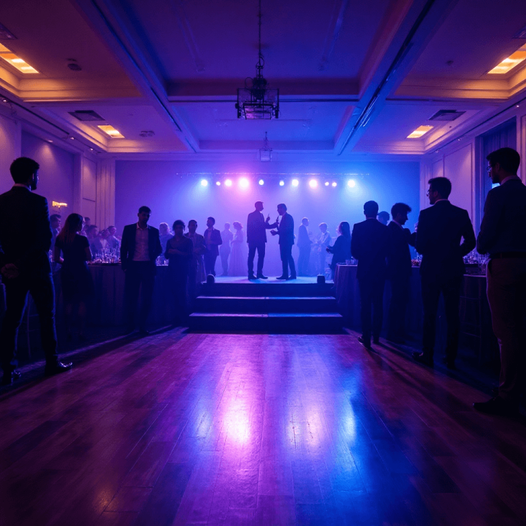 "Spacious dance floor illuminated by dynamic lighting effects, creating an energetic atmosphere for weddings, parties, and corporate events."