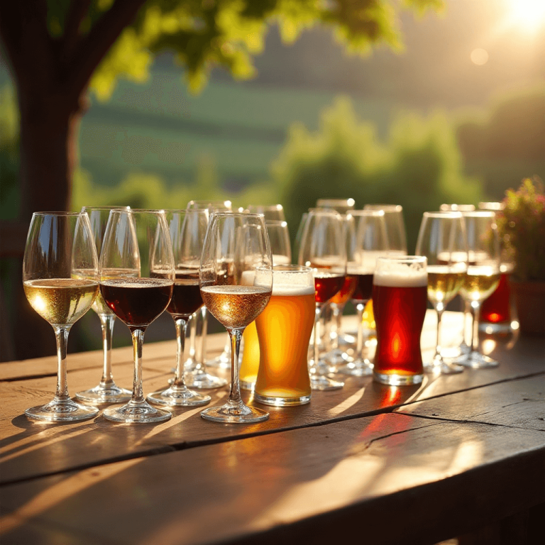 "Guests enjoying an elegant wine and beer tasting event, sampling a variety of wines and craft beers in a stylish setting."