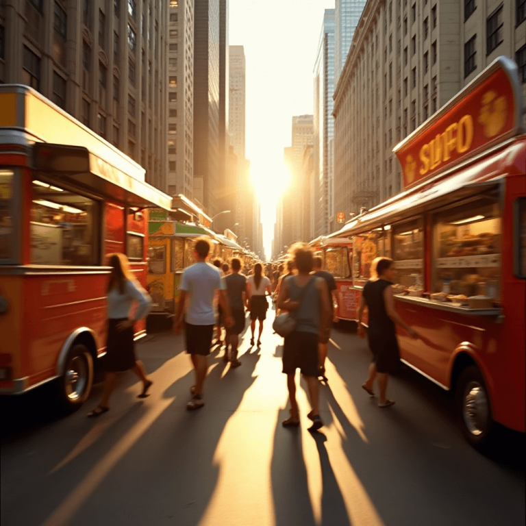 "Food trucks lined up at an outdoor event, coordinated to provide diverse food options for attendees in a vibrant festival setting."