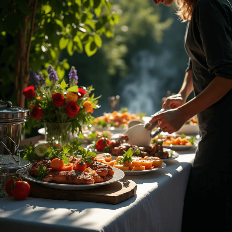 "Elegant catering setup with beautifully arranged dishes, buffet tables, and attentive service staff at a formal event."