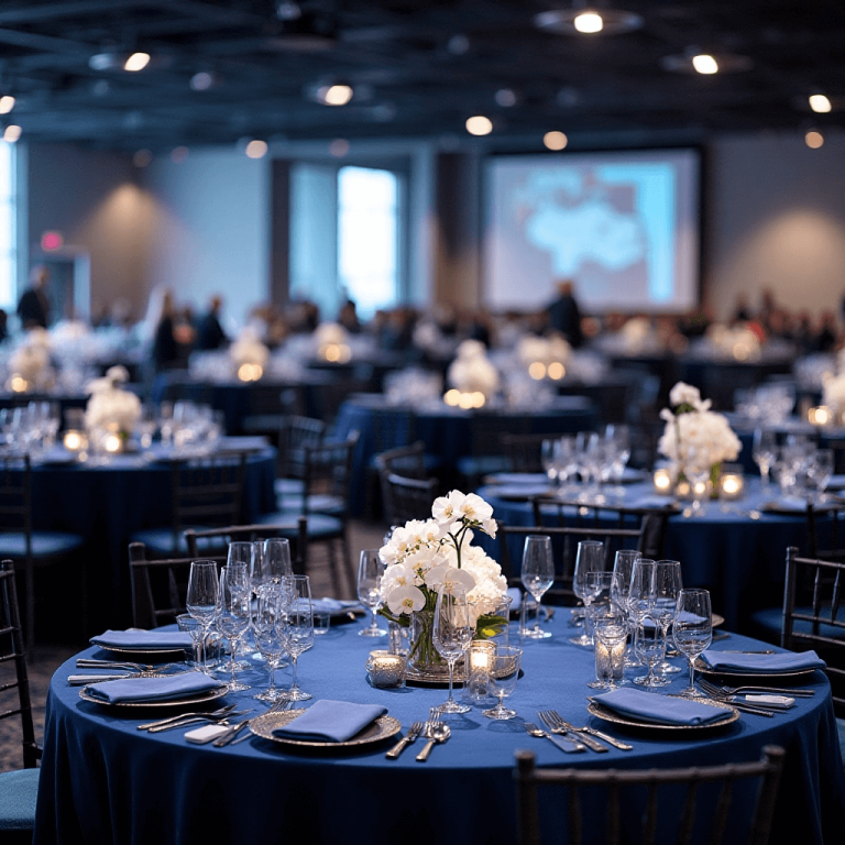 "Bustling corporate event setup in a modern convention center featuring tables draped in navy linens, white orchid centerpieces, and brushed silver accents under bright diffused lighting."