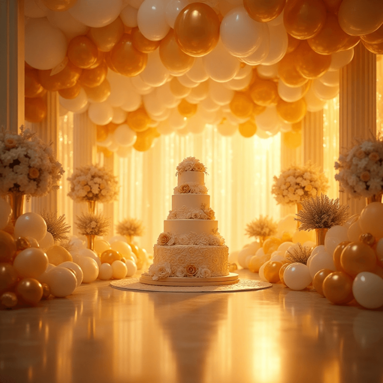 "Lavish birthday party setup in a grand ballroom featuring gold and white balloons, elegant floral arrangements, and a multi-tiered cake, illuminated with warm soft lighting."