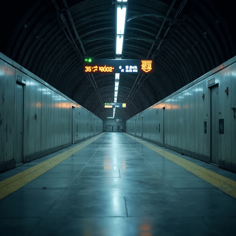 "Underground transport shuttle terminal in winter featuring heated platforms, digital arrival time displays, and a clean minimalist design focused on efficiency and functionality."