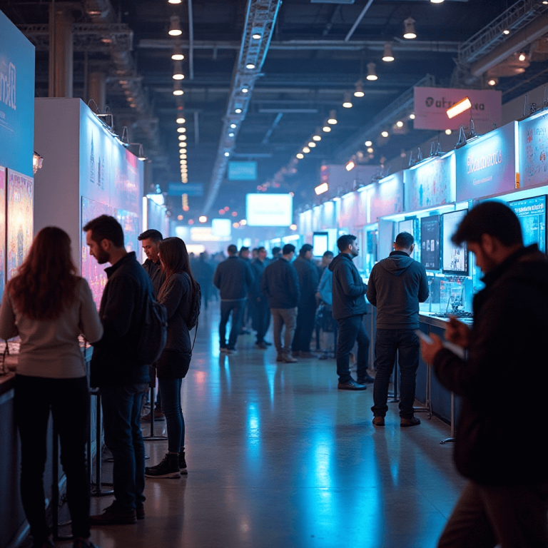 "Workers of diverse ethnicities setting up booths, cables, and displays in a bustling convention center under bright fluorescent lighting, with no faces visible."