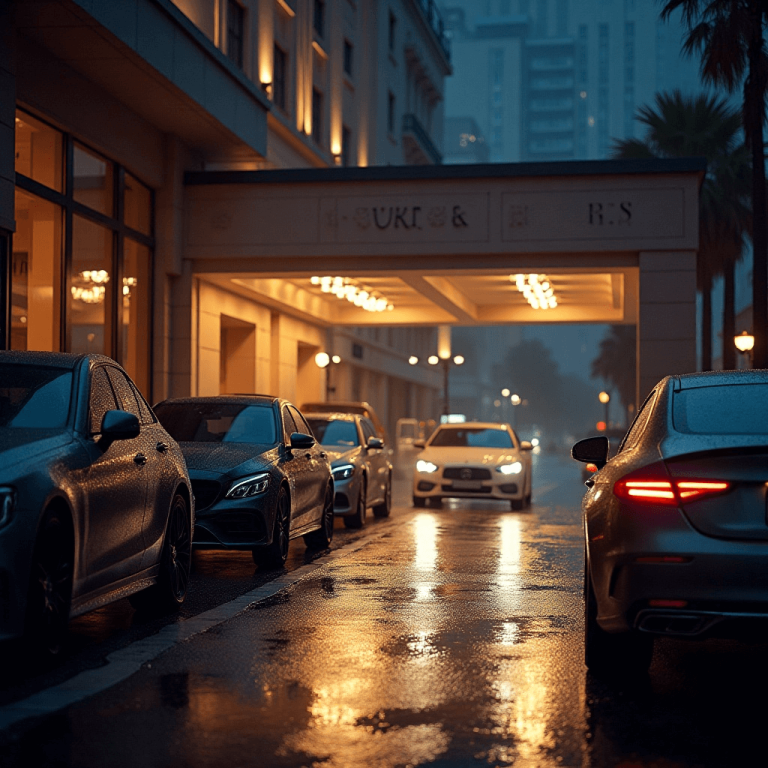 "Valet parking service busy with high-end cars at the entrance of a luxury hotel during a rainy evening, illuminated by bright lights, no faces visible."