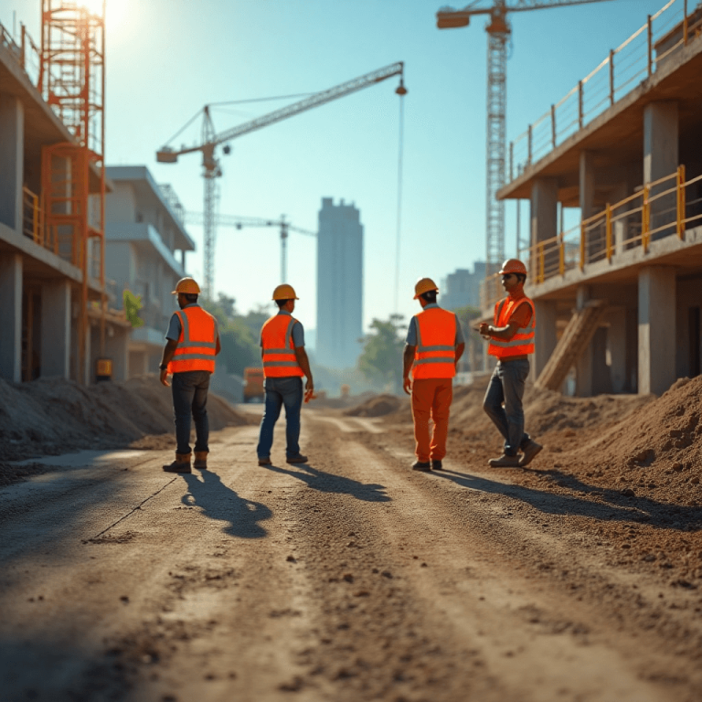 "Busy construction site on a sunny summer day showing coordinated equipment and materials with workers wearing bright orange and yellow safety vests and hardhats, no faces visible."