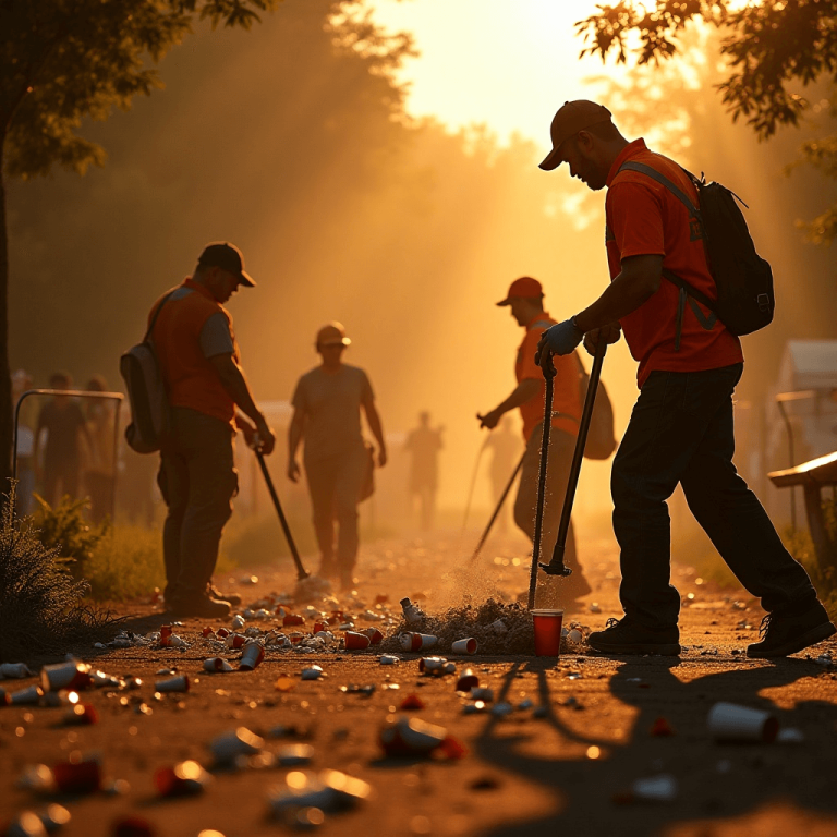 "A team of diverse sanitation workers cleaning discarded cups, food wrappers, and litter after an outdoor music festival in a sunny park on a summer afternoon."