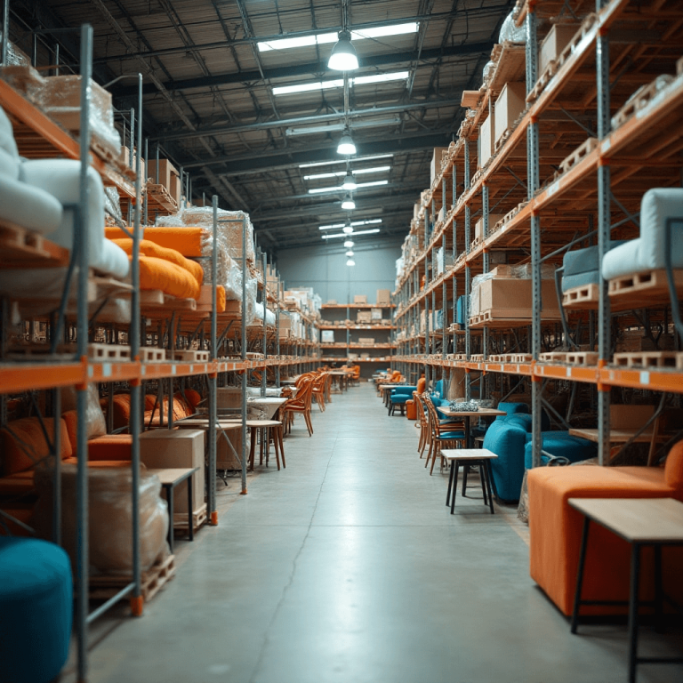 "Warehouse interior filled with neatly stacked rental furniture including modern sofas, glass tables, and colorful chairs, arranged for easy inventory access."
