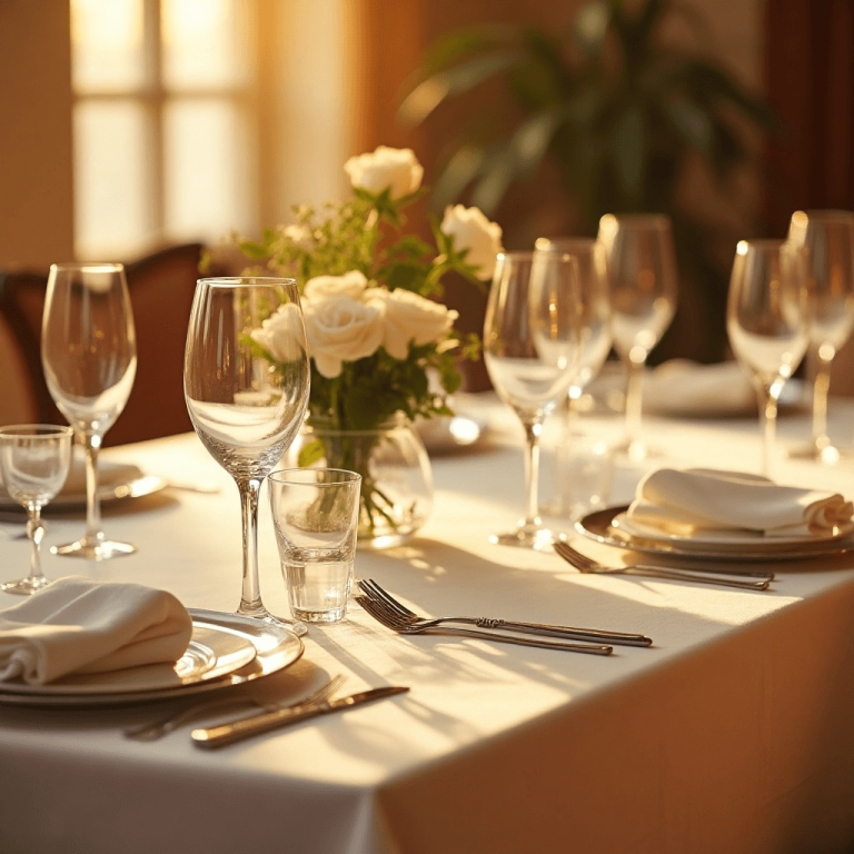 "Formal dinner table elegantly set with crisp white linen tablecloth, silver cutlery, crystal glassware, and a white rose centerpiece, illuminated by soft natural light from a nearby window."