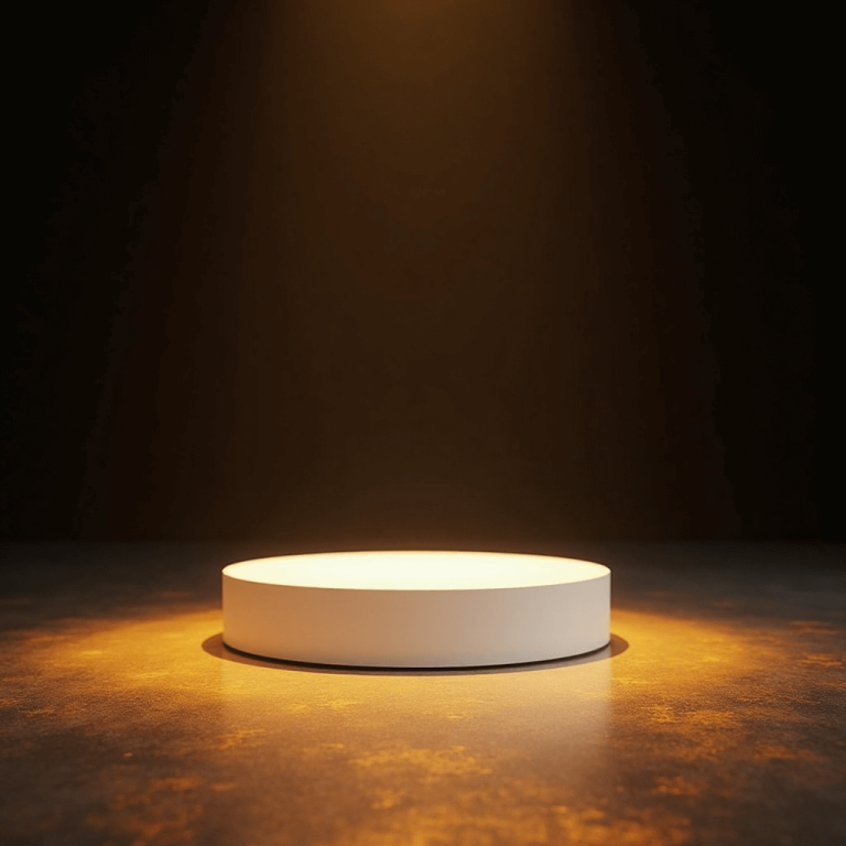 "Minimalist stage featuring a single stark white platform illuminated by soft diffused light against a deep black backdrop, evoking isolation and focus."
