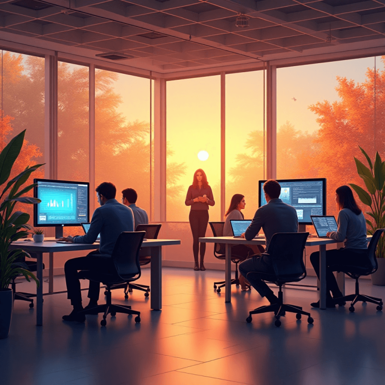 "Diverse team collaborating on virtual event planning using a sleek, modern interface displayed on large monitors in a sunlit minimalist office during an autumn morning."