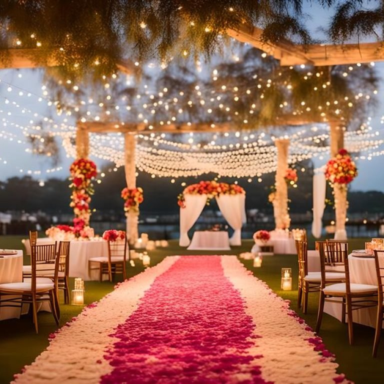 outdoor-indian-wedding-setup-with-string-lights-hanging-floral-arrangements